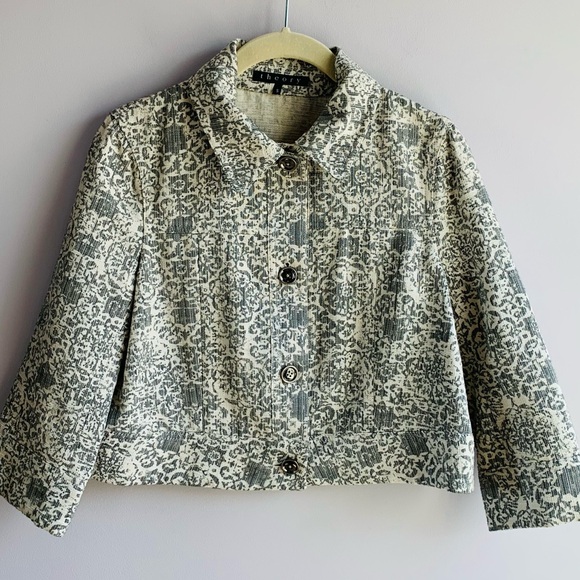 Theory Jacket Sage Grey Cream Twill Button Front Cropped Paisley Geometric Small - Picture 2 of 8